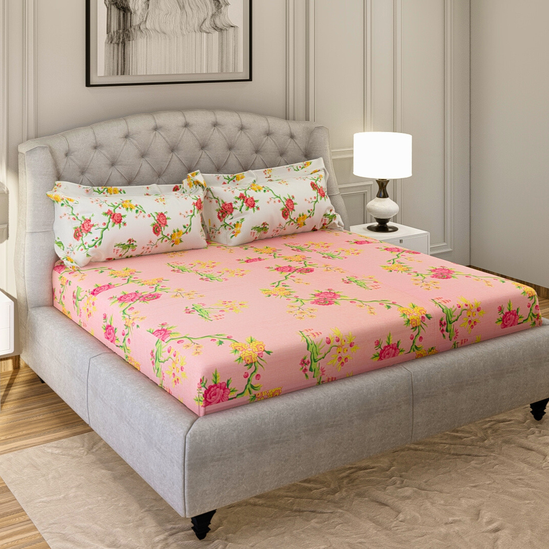 Pink Floral Printed King Size 3 Pcs Cotton Bedsheet Set - 144 TC