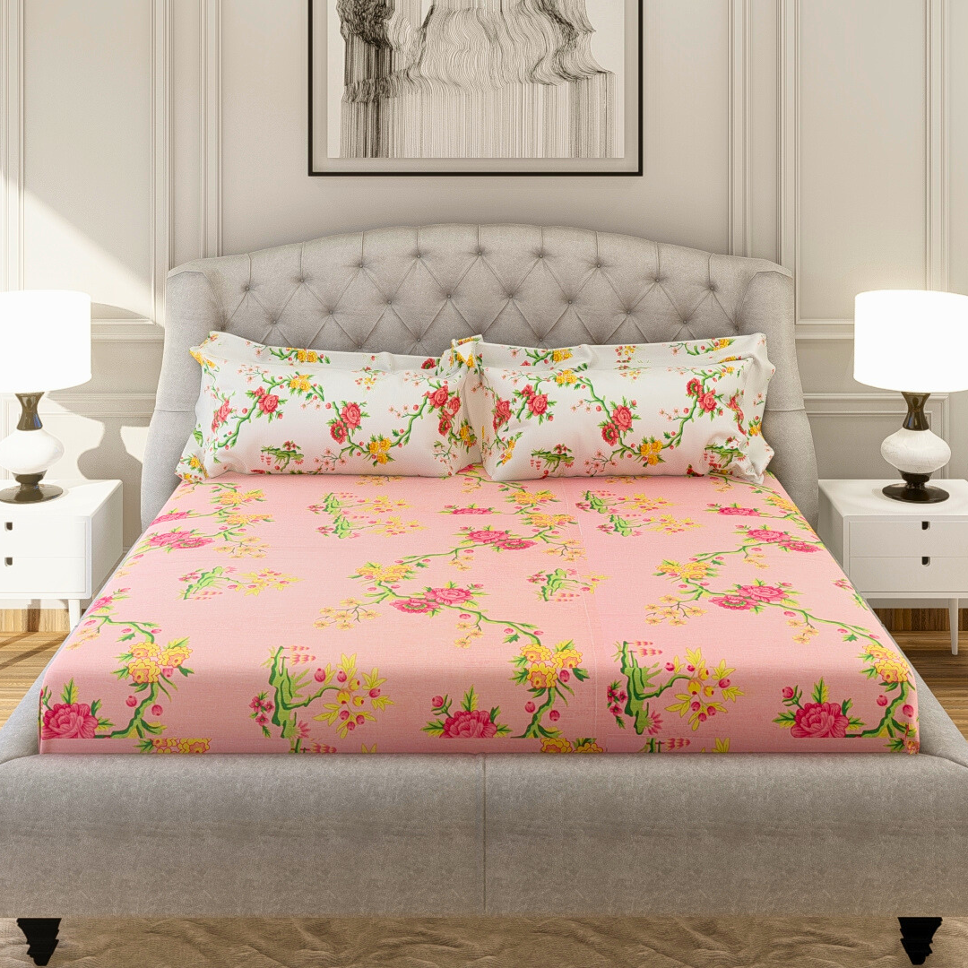 Pink Floral Printed King Size 3 Pcs Cotton Bedsheet Set - 144 TC