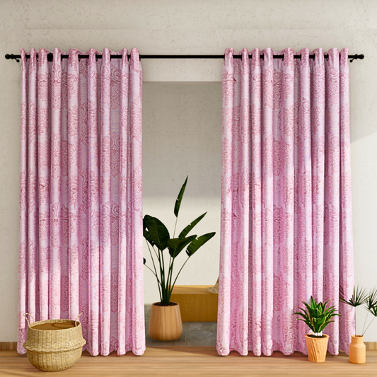 Pack of 2 Curtains - Self Design Cream & Pink