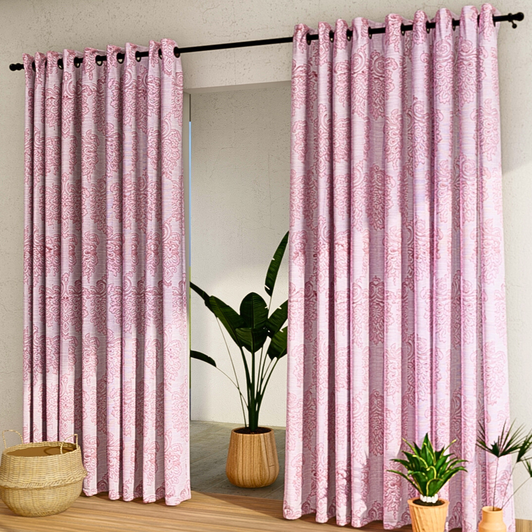 Pack of 2 Curtains - Self Design Cream & Pink