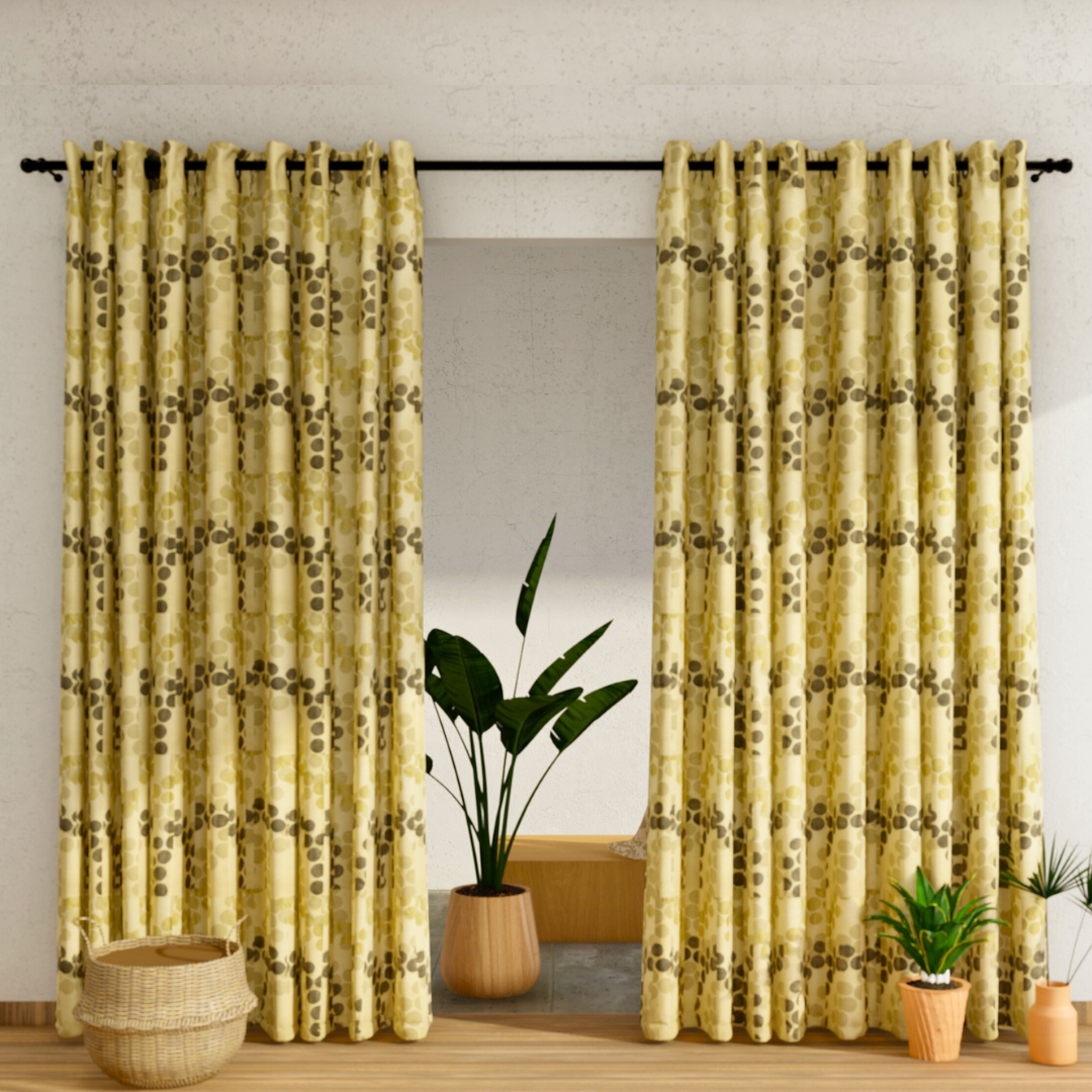 Pack of 2 Curtains - Self Design Cream & Green