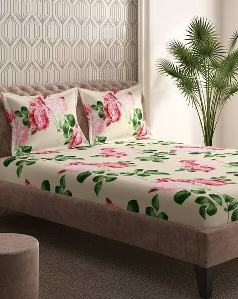 White Floral Printed King Size 3 Pcs Cotton Bedsheet Set - 182 TC