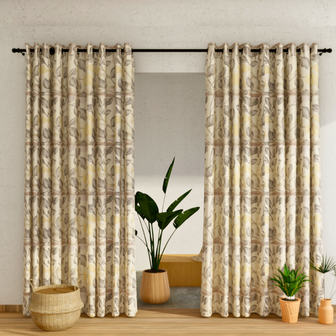 Pack of 2 Curtains - Botanical Design Cream & Gold