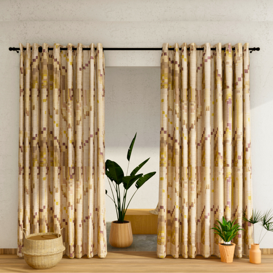 Pack of 2 Curtains - Abstract Design Cream & Violet Window