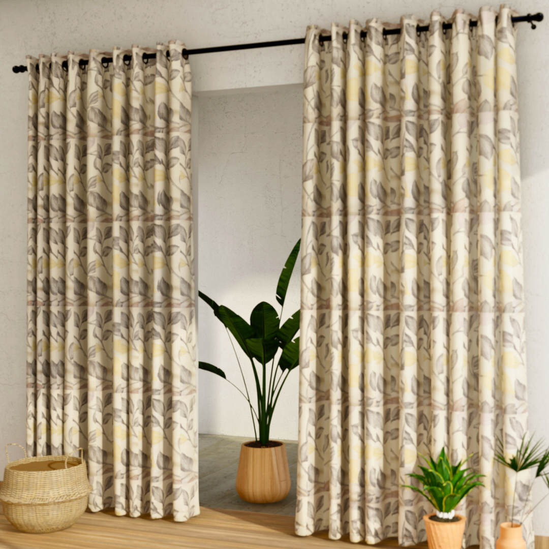 Pack of 2 Curtains - Botanical Design Cream & Gold