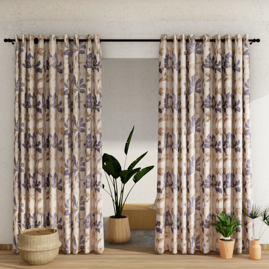 Pack of 2 Curtains - Botanical Design Cream & Blue Window