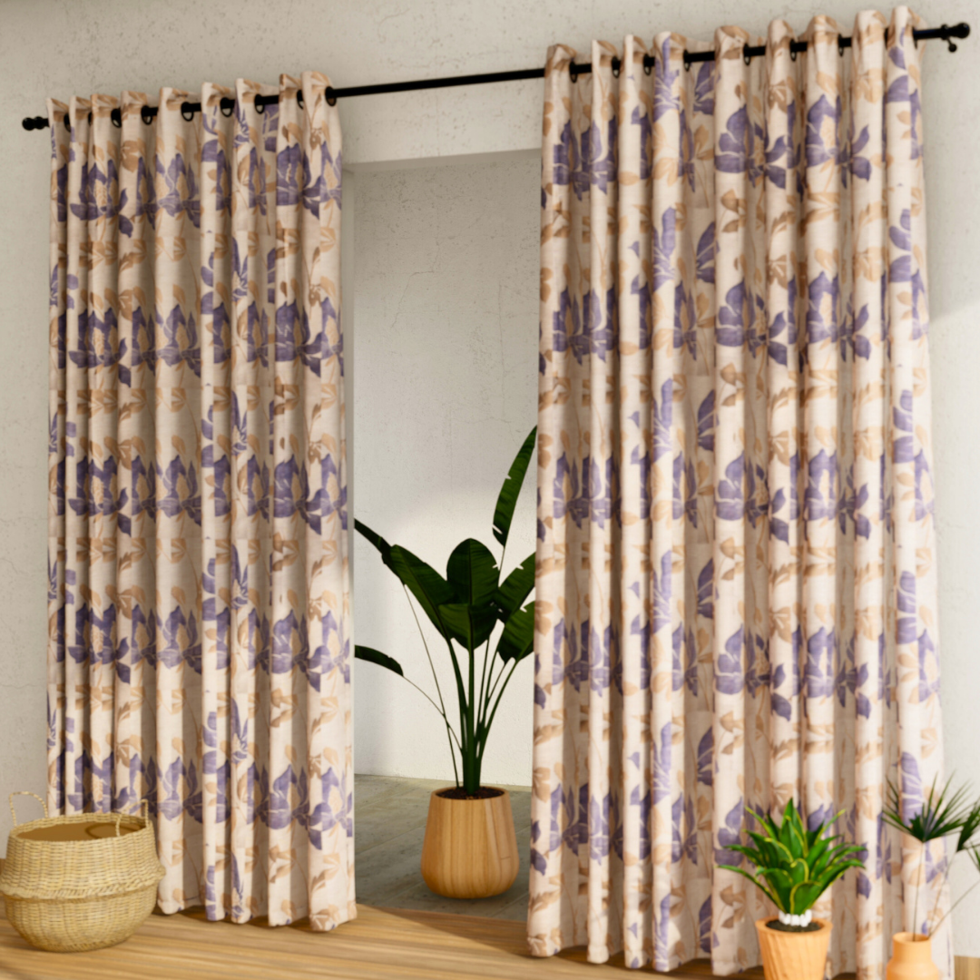 Pack of 2 Curtains - Botanical Design Cream & Blue Window