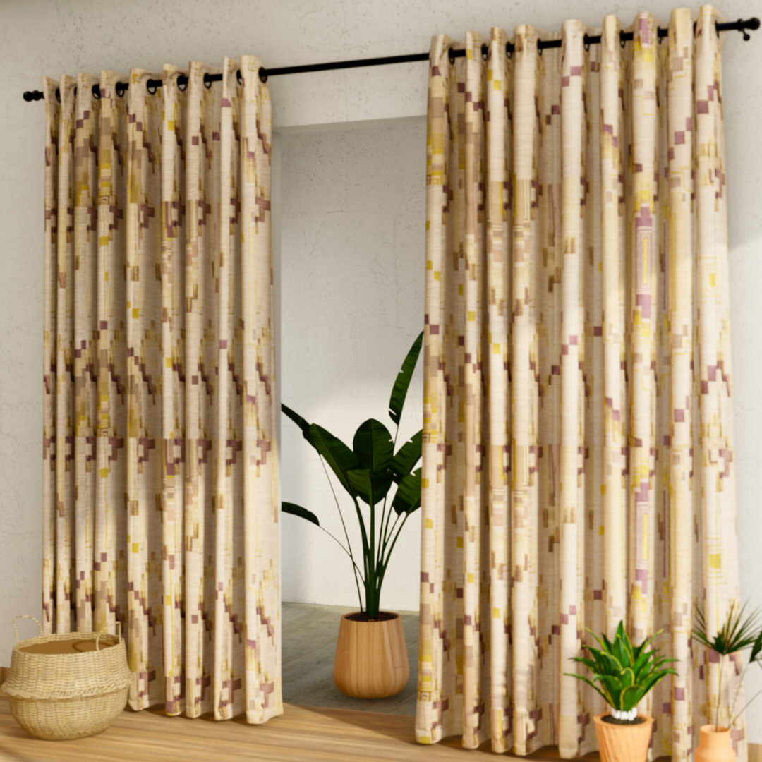 Pack of 2 Curtains - Abstract Design Cream & Violet Window