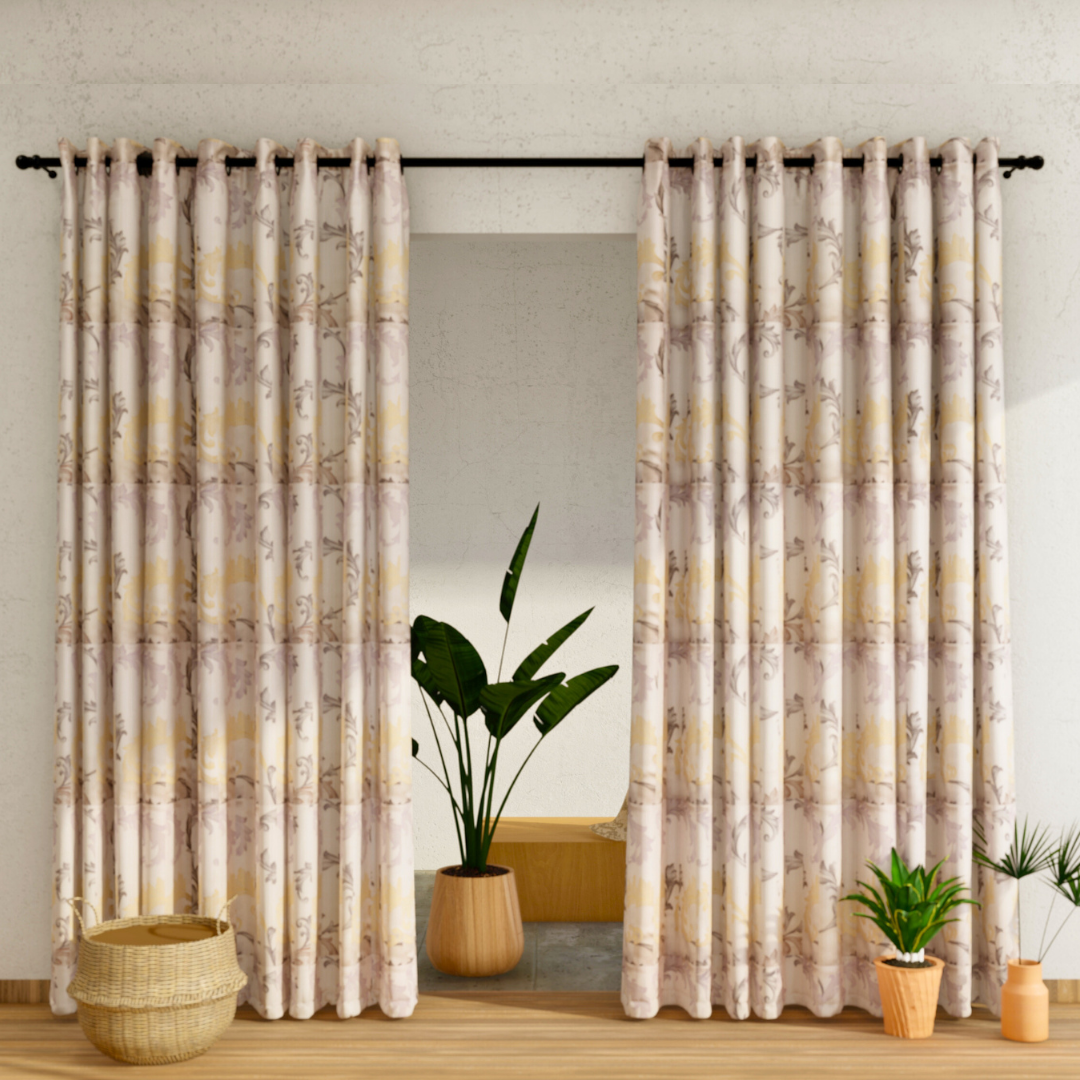 Pack of 2 Curtains - All Over Design Cream & Gold