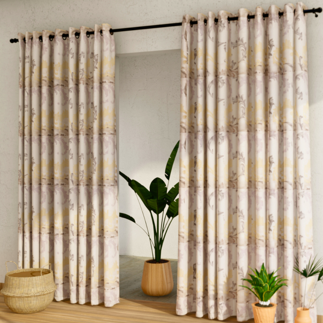 Pack of 2 Curtains - All Over Design Cream & Gold