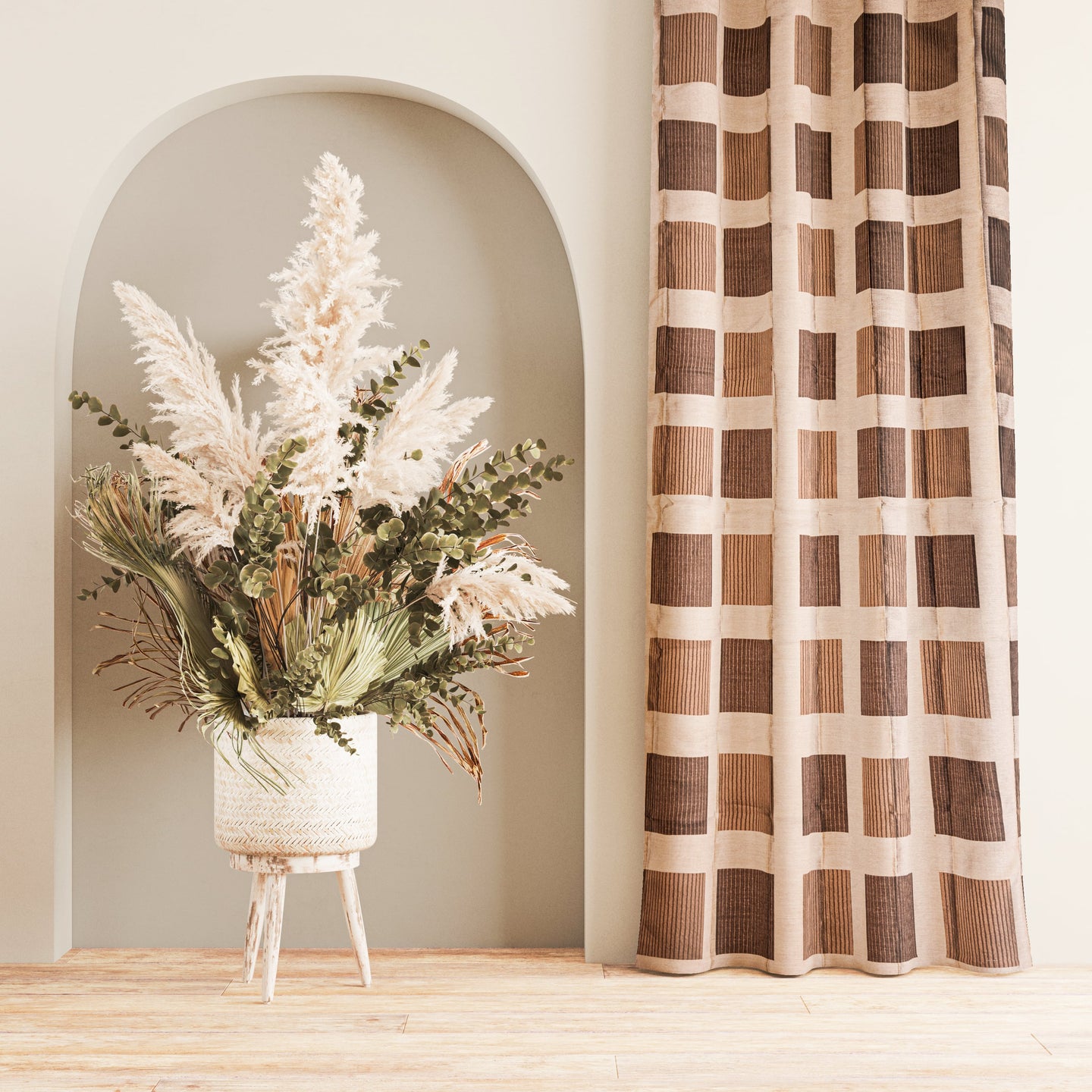 Pack of 2 Curtains - Abstract Design Cream & Brown