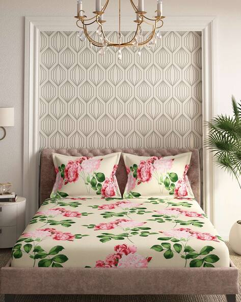 White Floral Printed King Size 3 Pcs Cotton Bedsheet Set - 182 TC