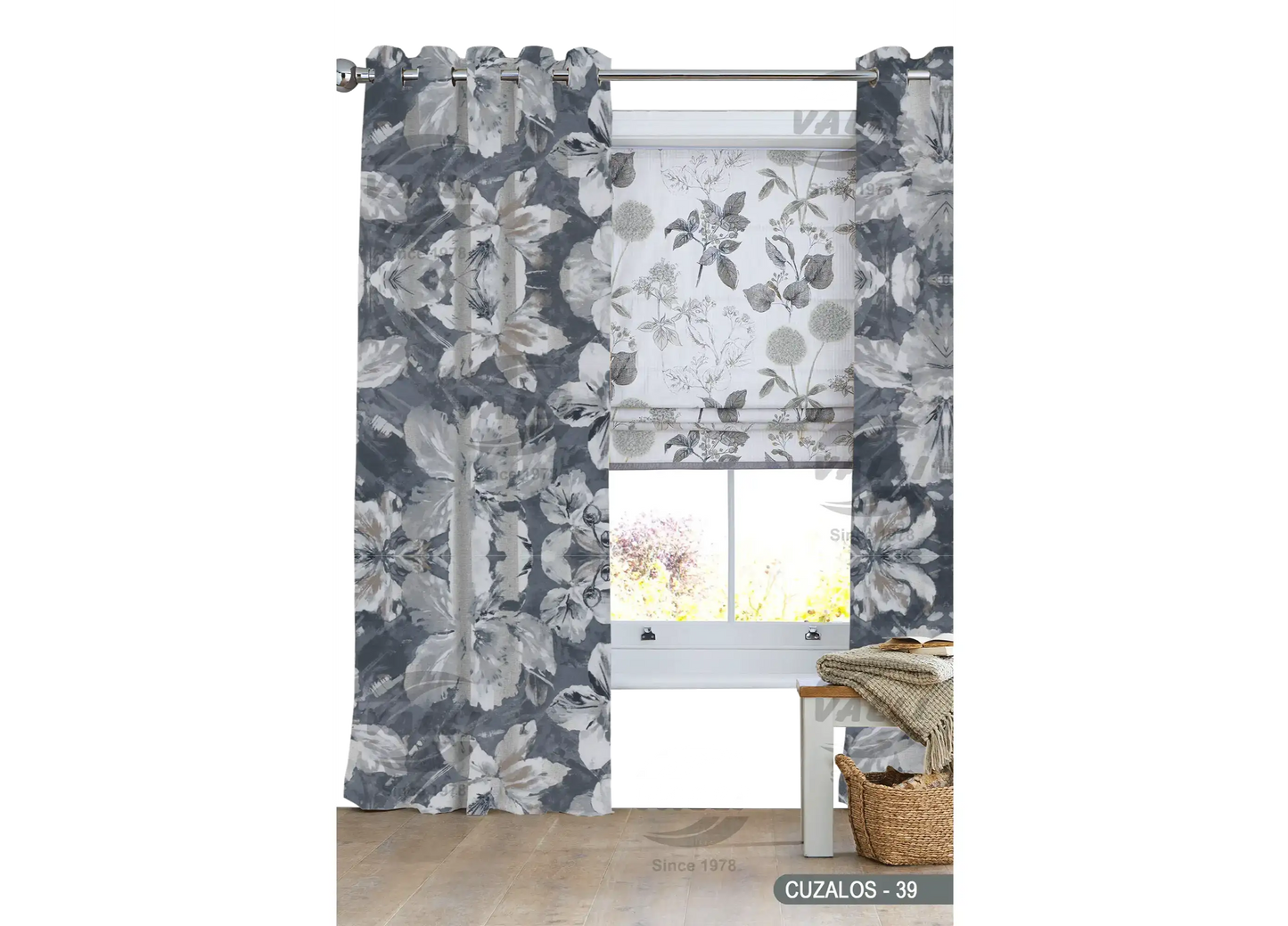 Big Flower Design Curtain - Grey