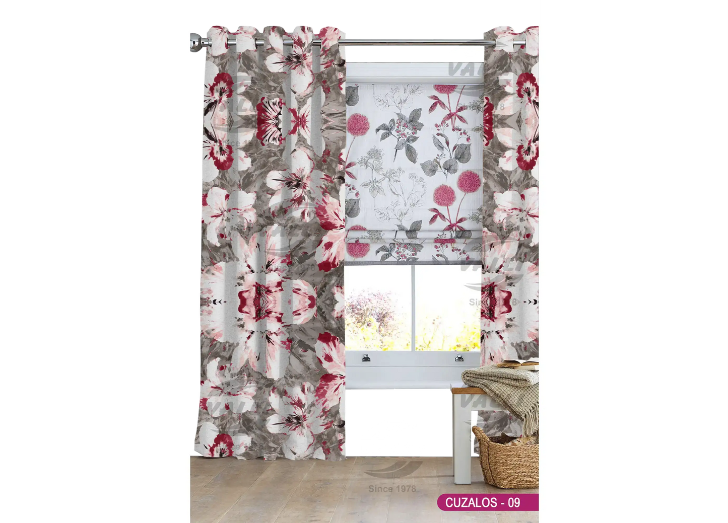 Big Flower Design Curtain - Maroon