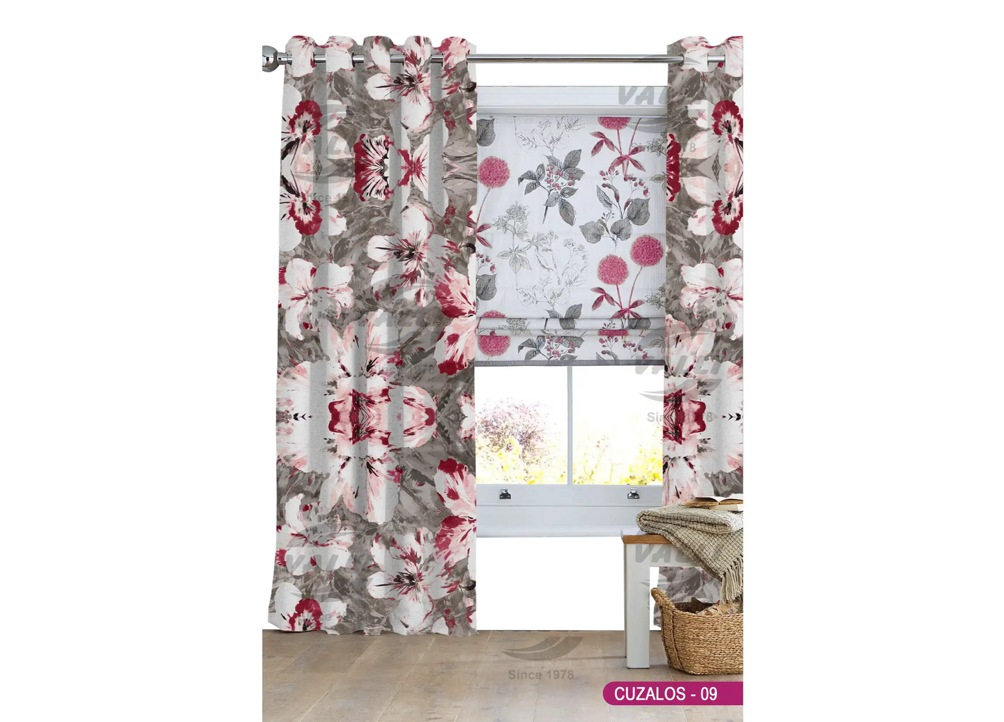 Big Flower Design Curtain - Maroon