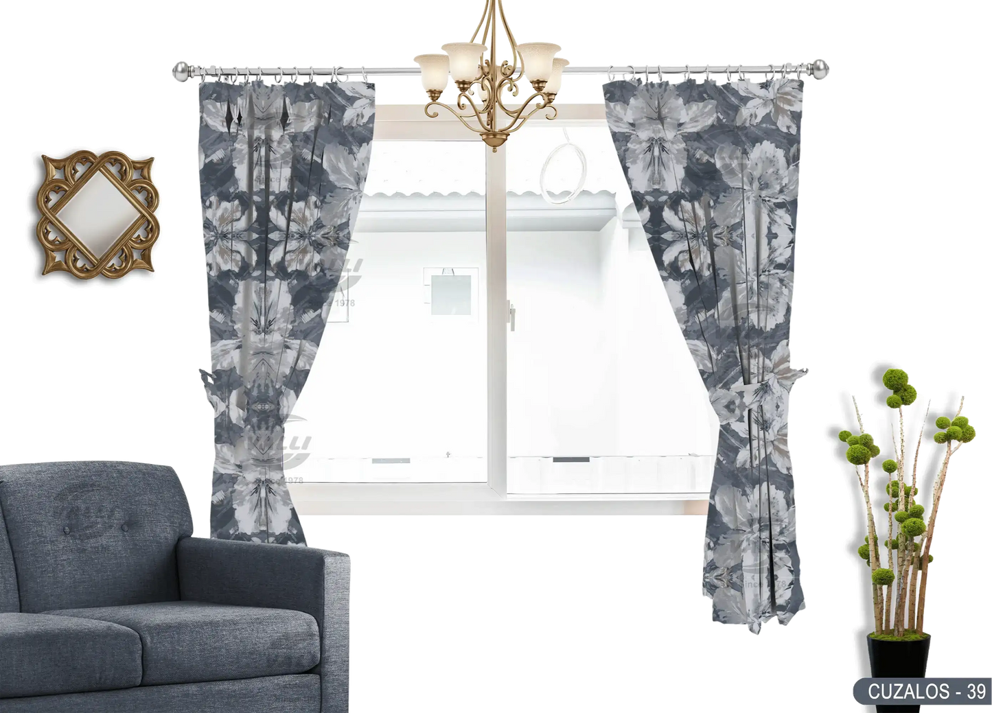 Big Flower Design Curtain - Grey