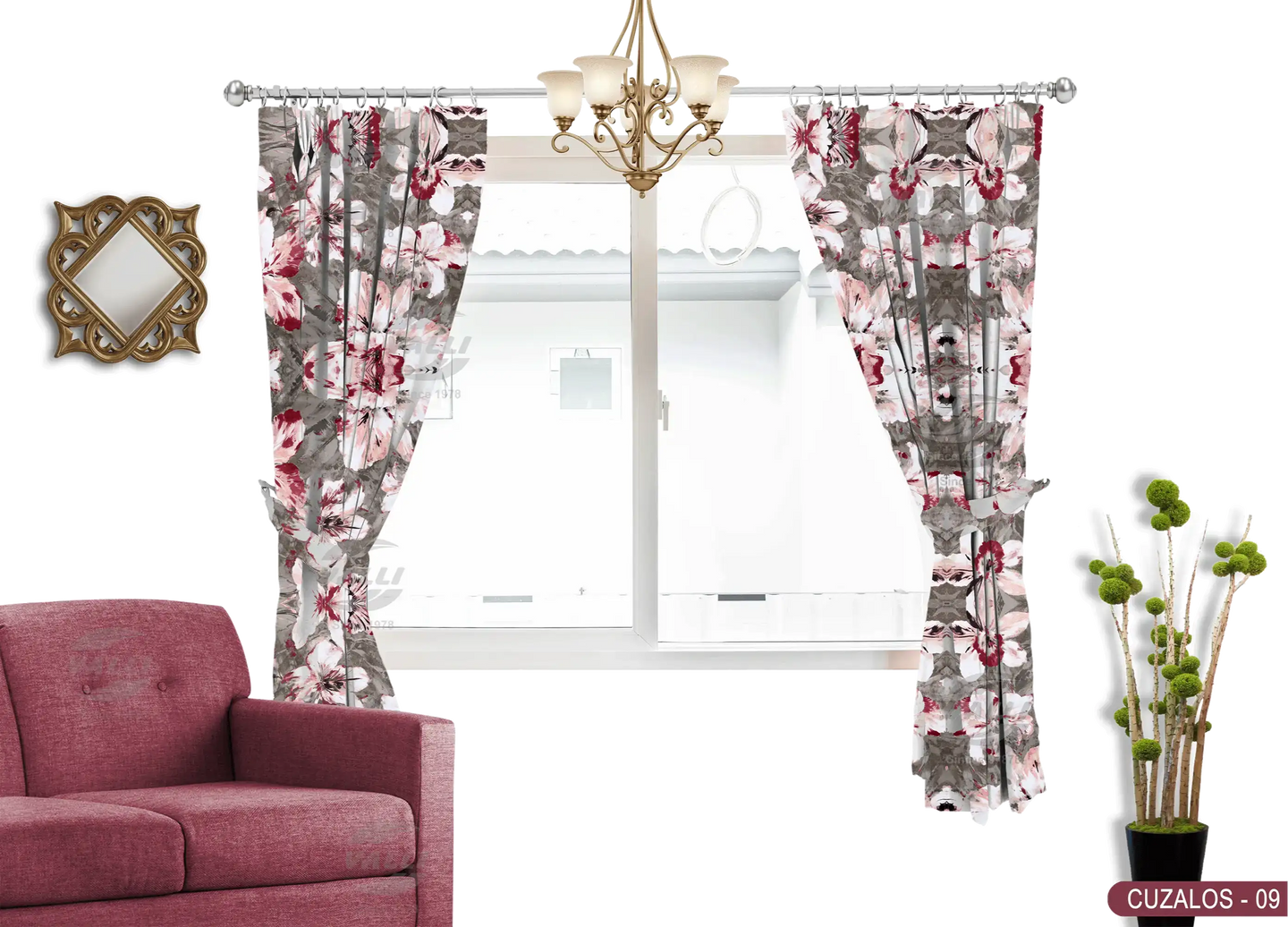 Big Flower Design Curtain - Maroon