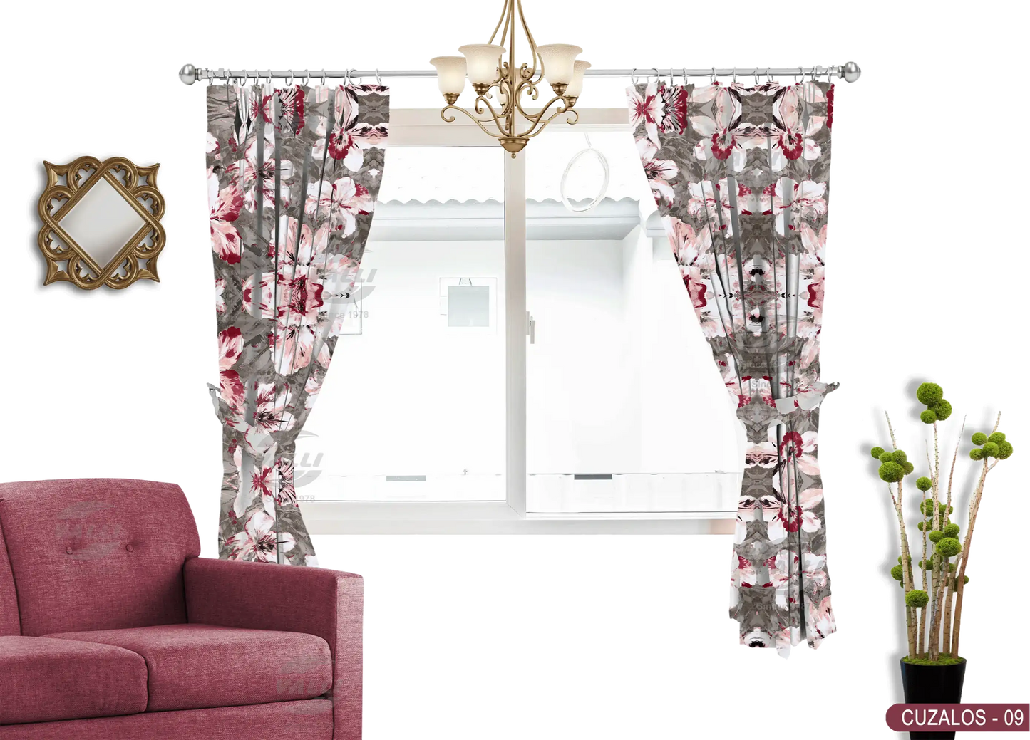 Branch Flower Curtain - Maroon