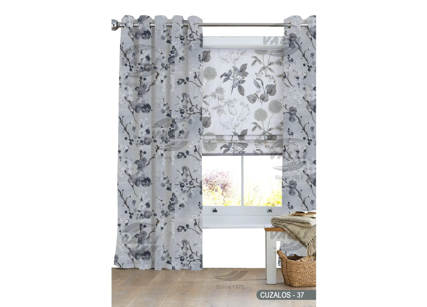 Flower Design Curtain - Grey