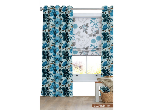 Self Design Big Flower Velvet Type Curtain - Blue