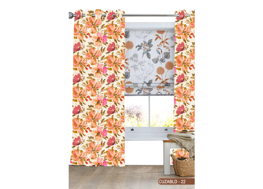 Self Design Big Flower Velvet Type Curtain - Orange