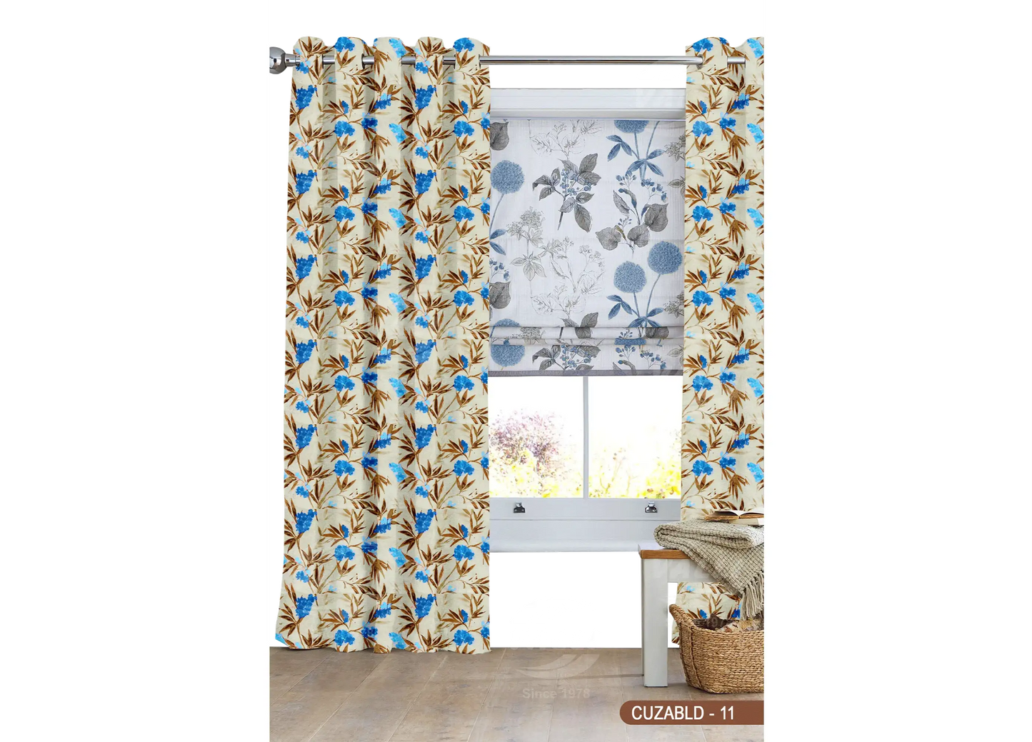 Self Design Branch Leaf Velvet Type Curtain - Blue