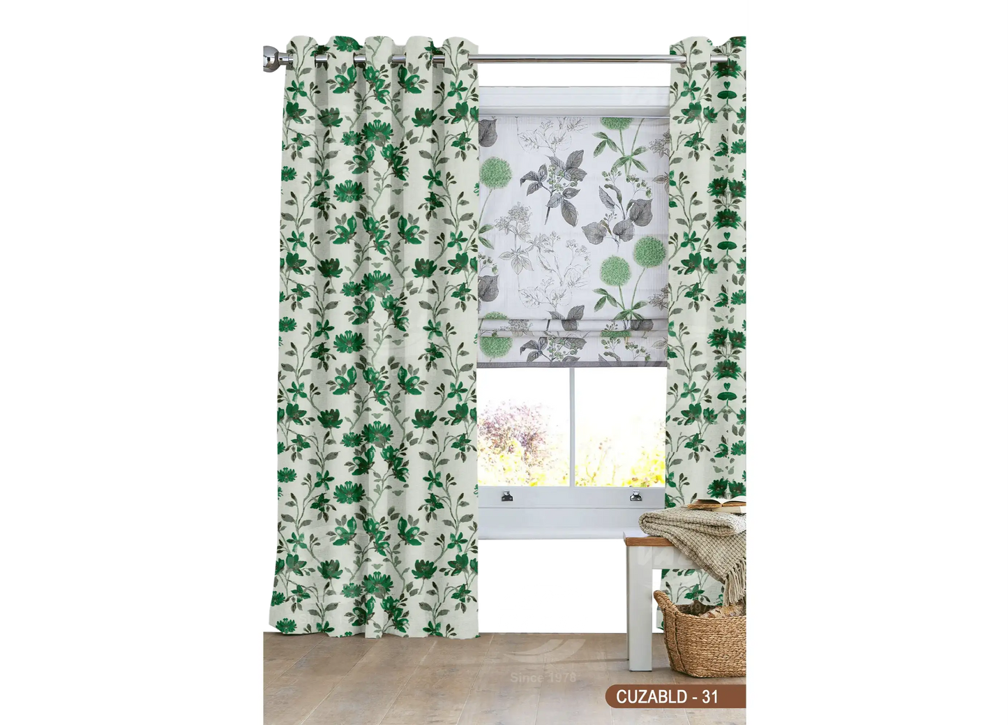 Self Design Flower Velvet Type Curtain - Green