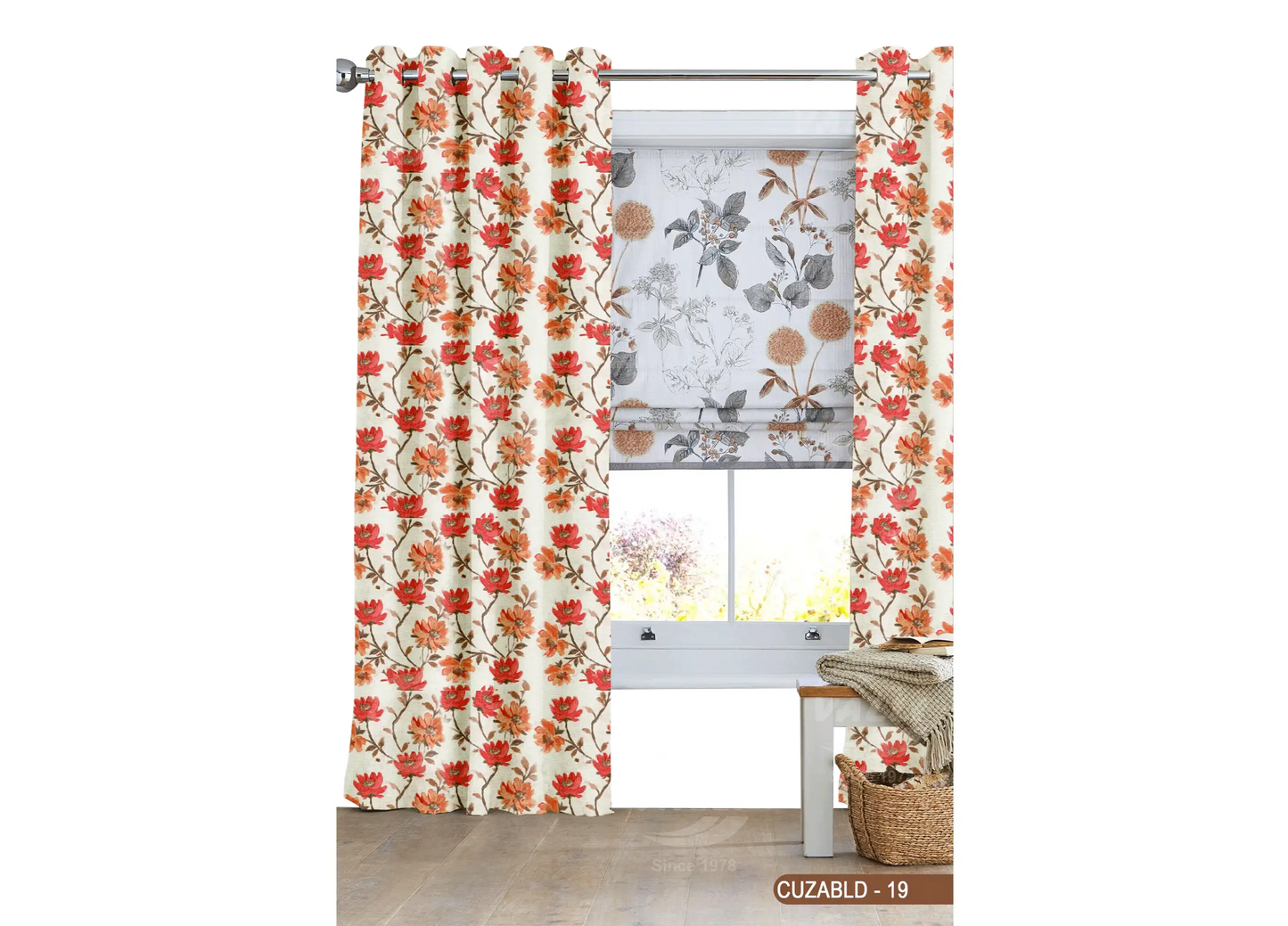 Self Design Flower Velvet Type Curtain - Orange