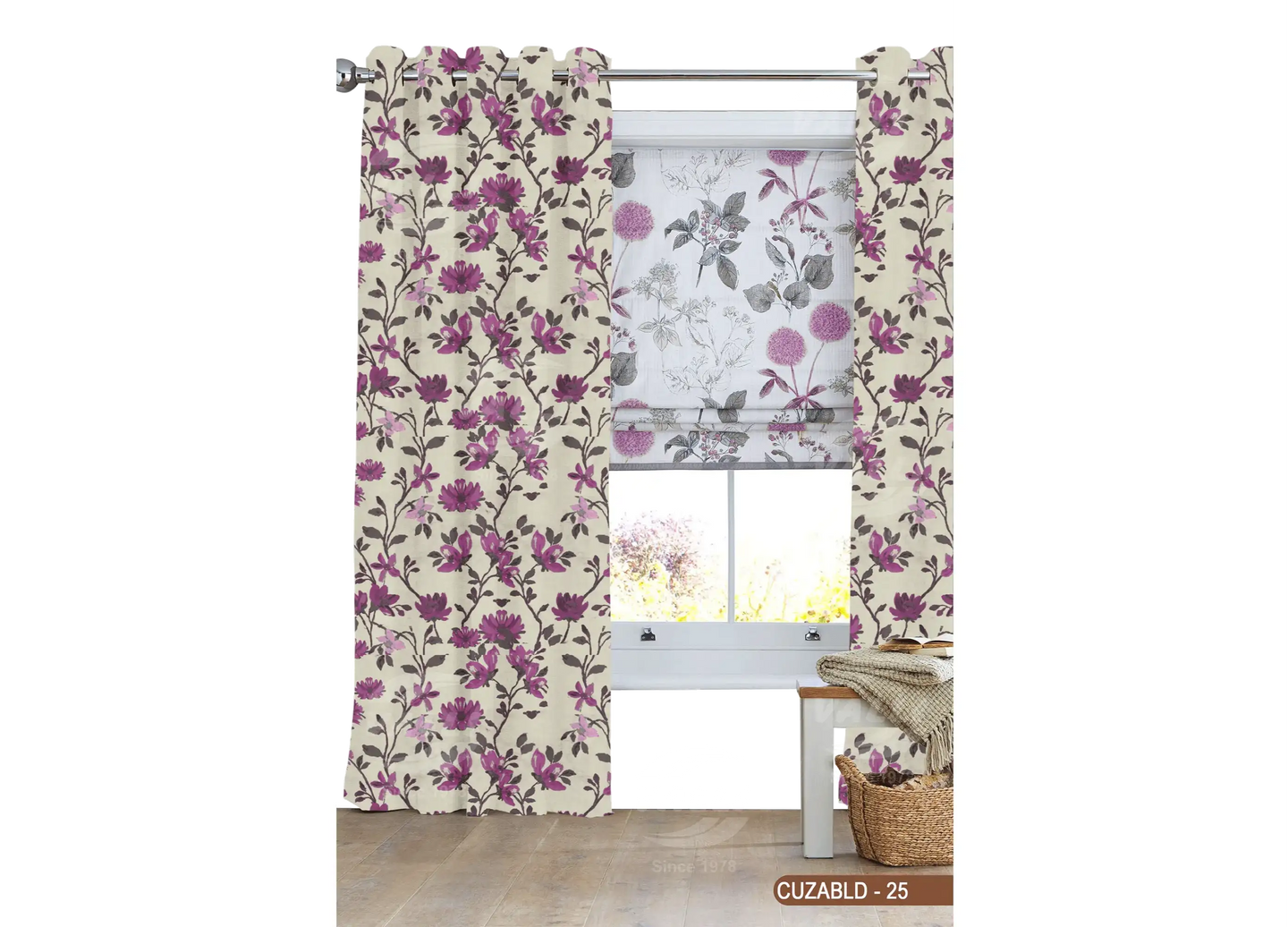 Self Design Flower Velvet Type Curtain - Violet