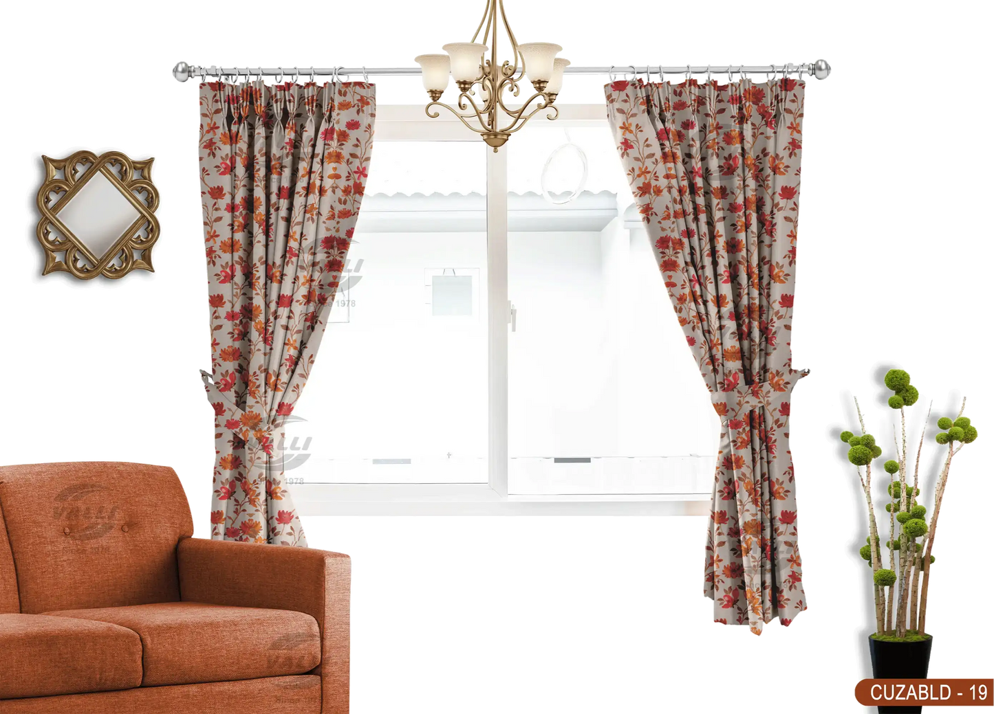 Self Design Flower Velvet Type Curtain - Orange