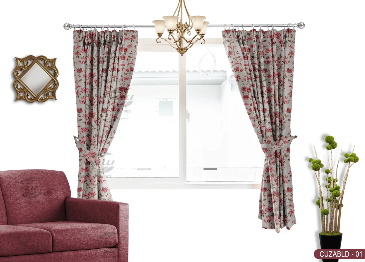 Self Design Flower Velvet Type Curtain - PINK