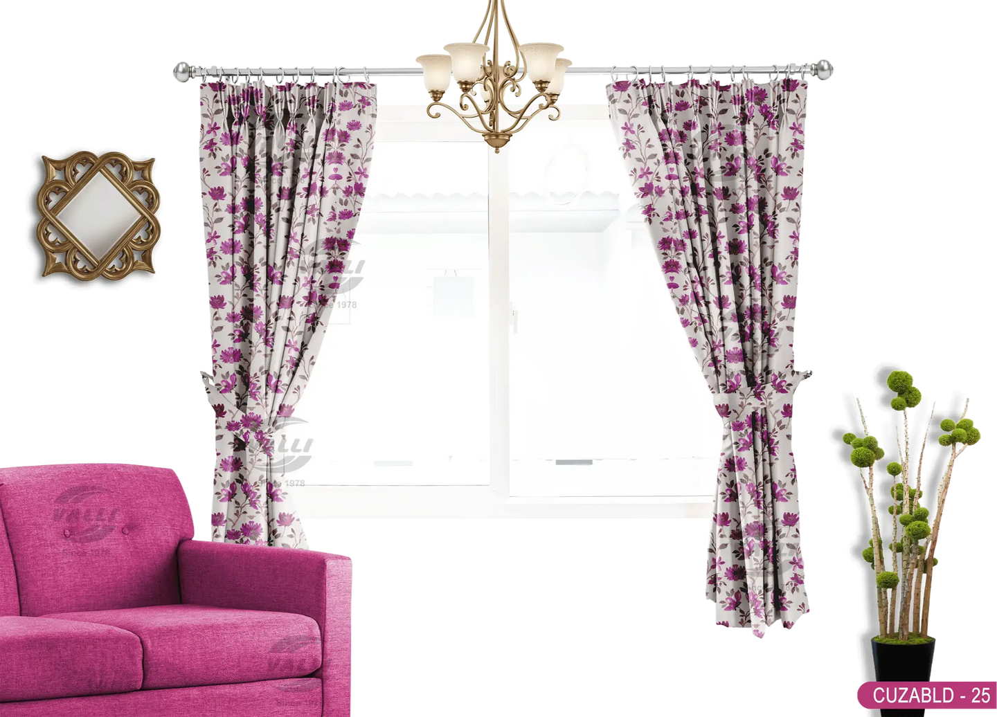 Self Design Flower Velvet Type Curtain - Violet