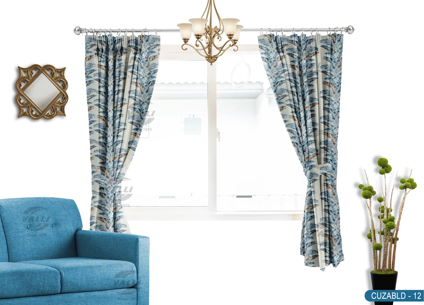 Self Design Leaf Velvet Type Curtain - Blue -CUZABLD - 12