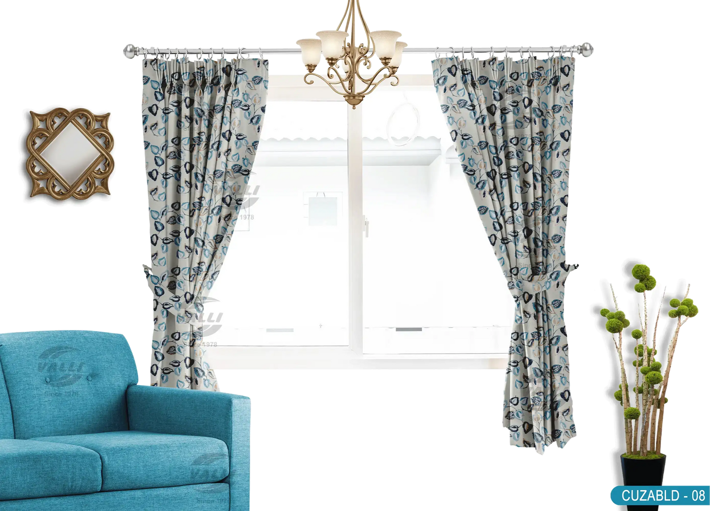 Self Design Leaf Velvet Type Curtain - Blue - CUZABLD - 08