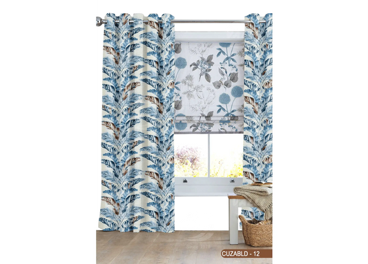 Self Design Leaf Velvet Type Curtain - Blue -CUZABLD - 12