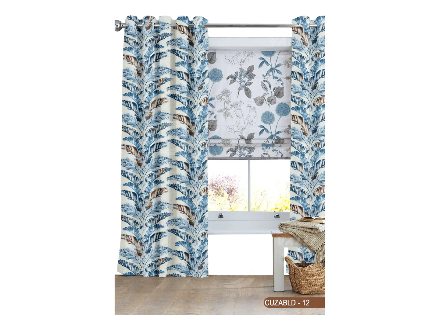 Self Design Leaf Velvet Type Curtain - Blue -CUZABLD - 12