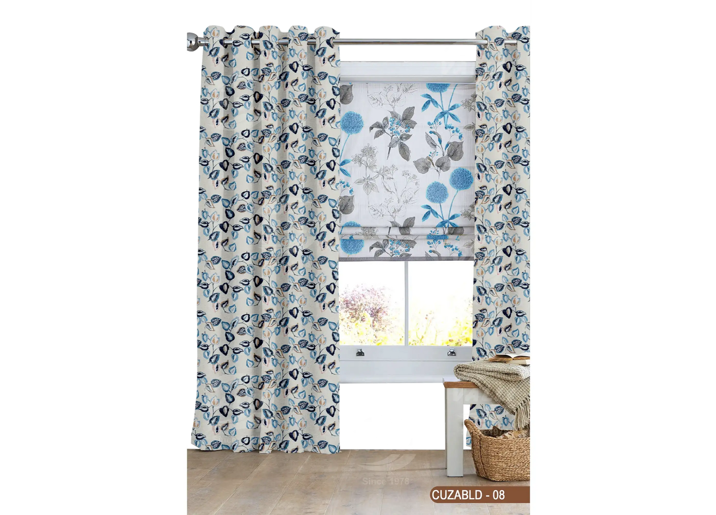 Self Design Leaf Velvet Type Curtain - Blue - CUZABLD - 08