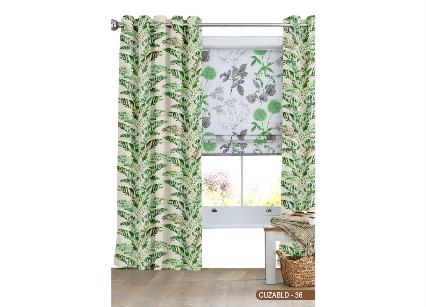 Self Design Leaf Velvet Type Curtain - Green - CUZABLD - 36