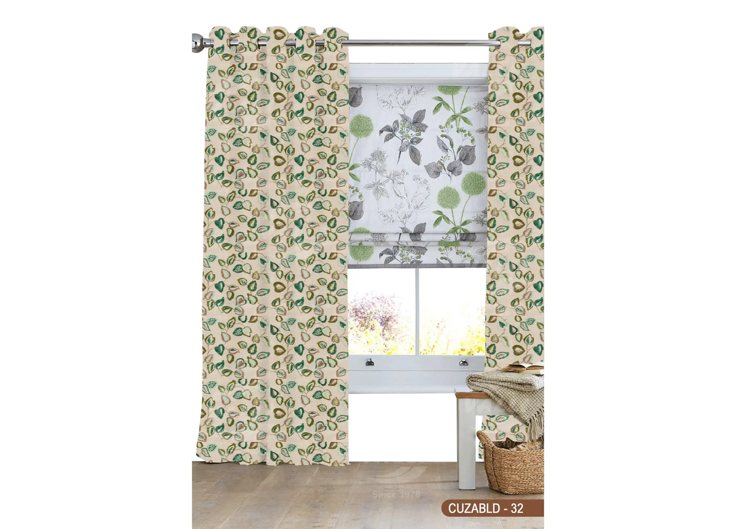 Self Design Leaf Velvet Type Curtain - Green - CUZABLD - 32