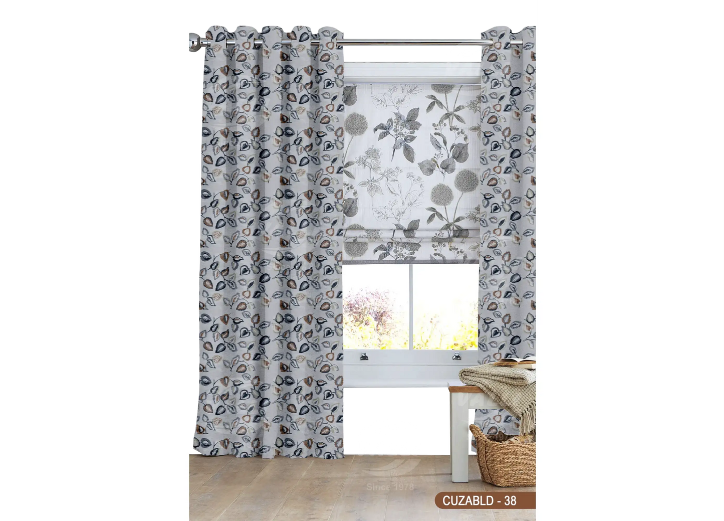 Self Design Leaf Velvet Type Curtain - Grey - CUZABLD - 38