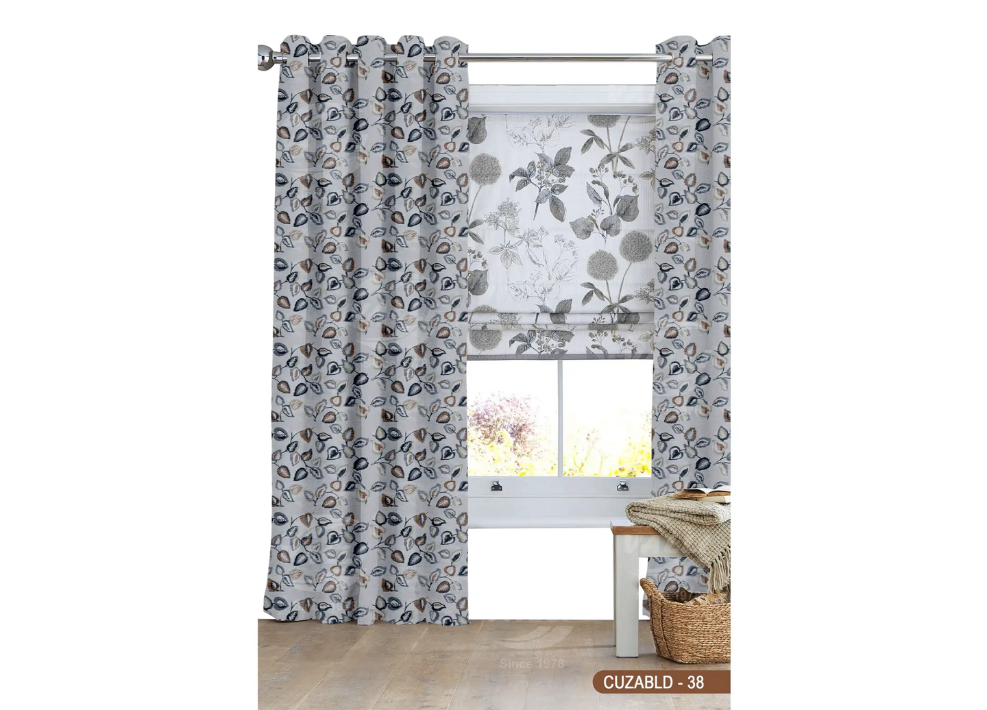 Self Design Leaf Velvet Type Curtain - Grey - CUZABLD - 38