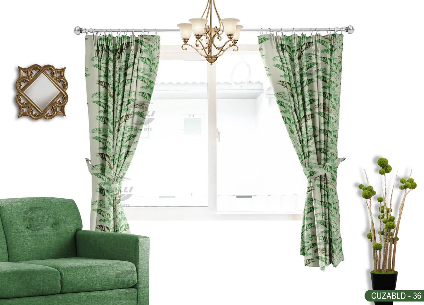 Self Design Leaf Velvet Type Curtain - Green - CUZABLD - 36