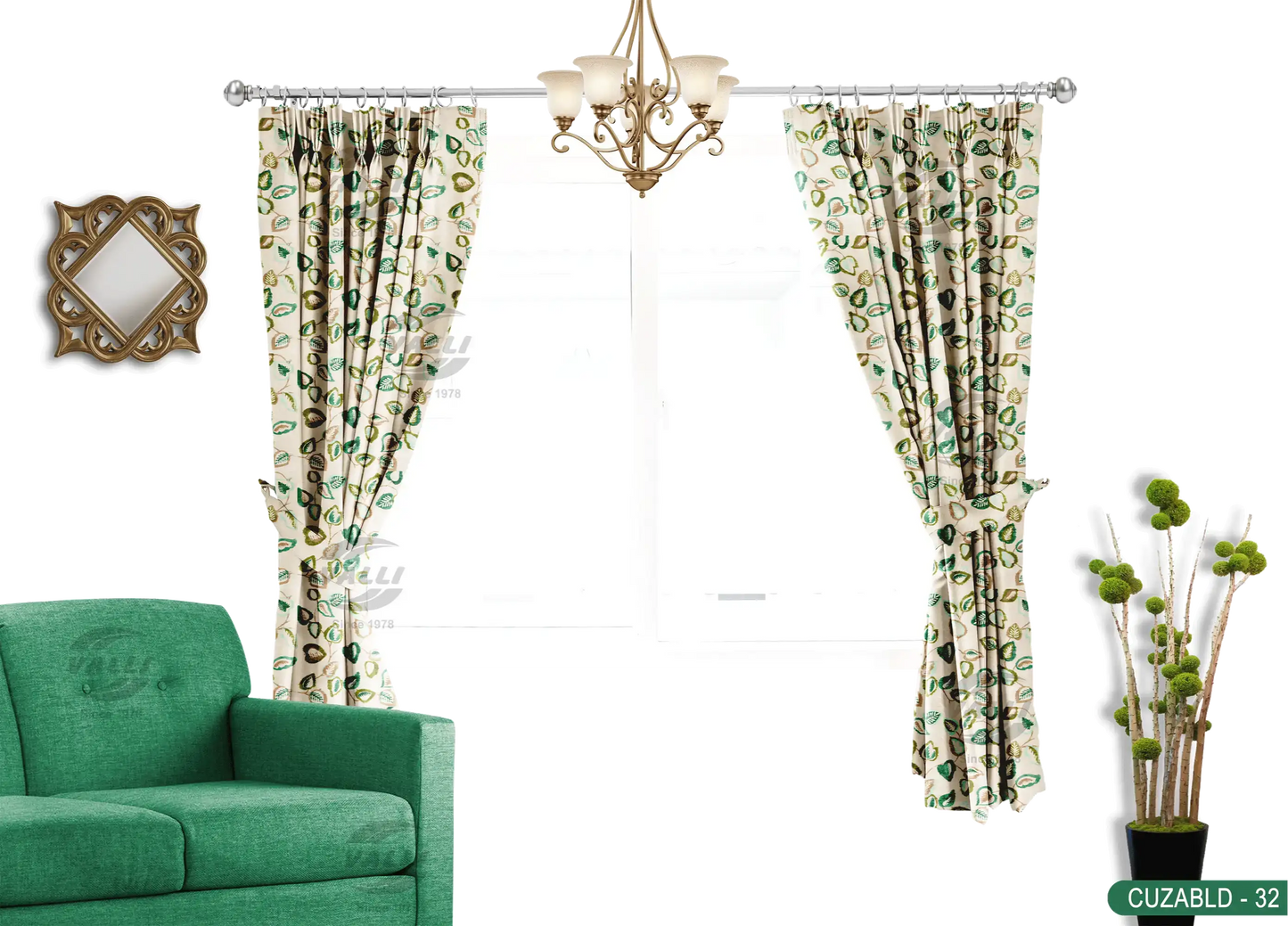 Self Design Leaf Velvet Type Curtain - Green - CUZABLD - 32
