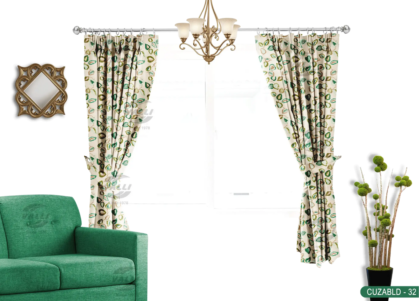 Self Design Leaf Velvet Type Curtain - Green - CUZABLD - 32