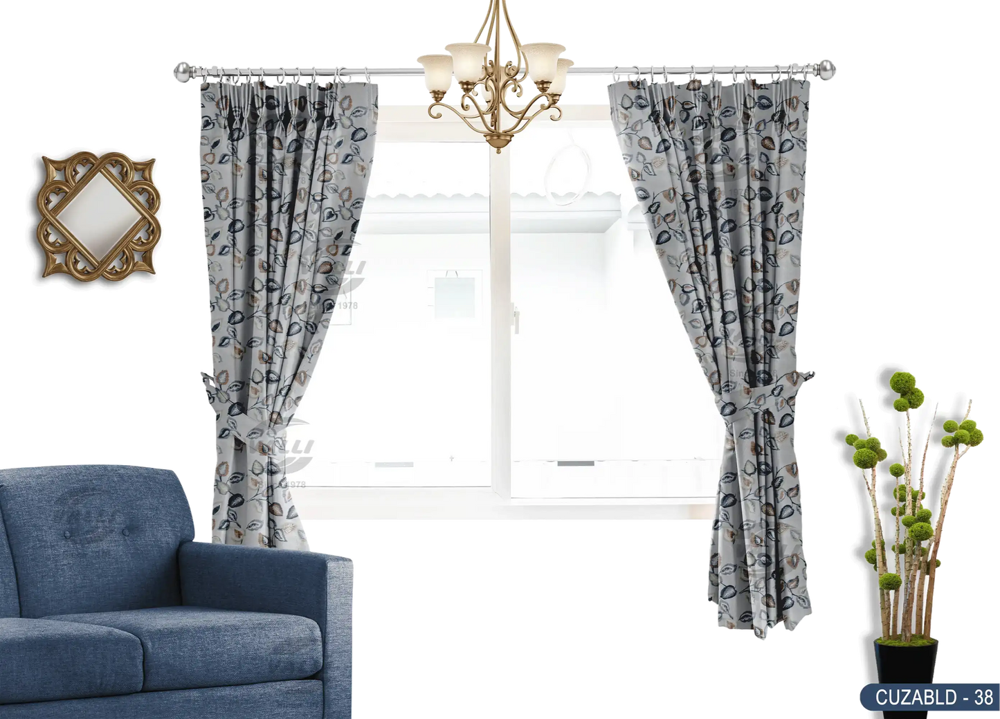 Self Design Leaf Velvet Type Curtain - Grey - CUZABLD - 38
