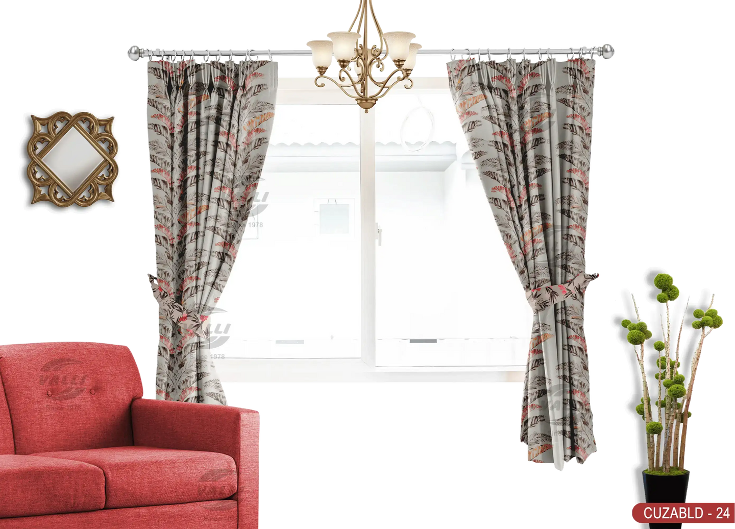Self Design Leaf Velvet Type Curtain - Orange -CUZABLD - 24