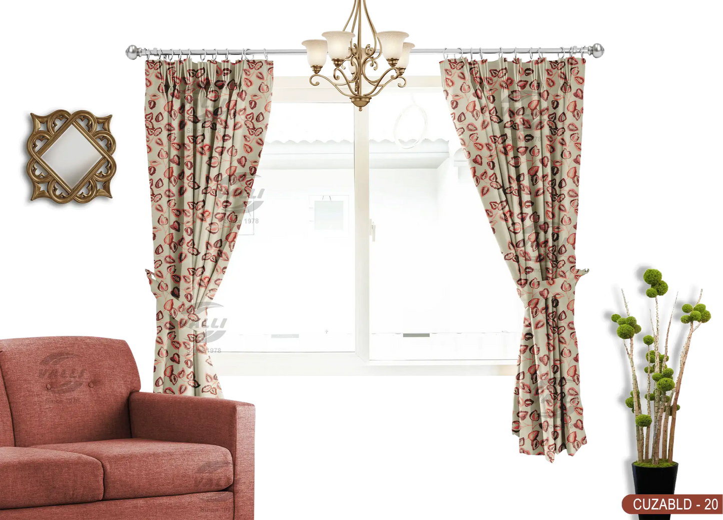 Self Design Leaf Velvet Type Curtain - Orange - CUZABLD - 20
