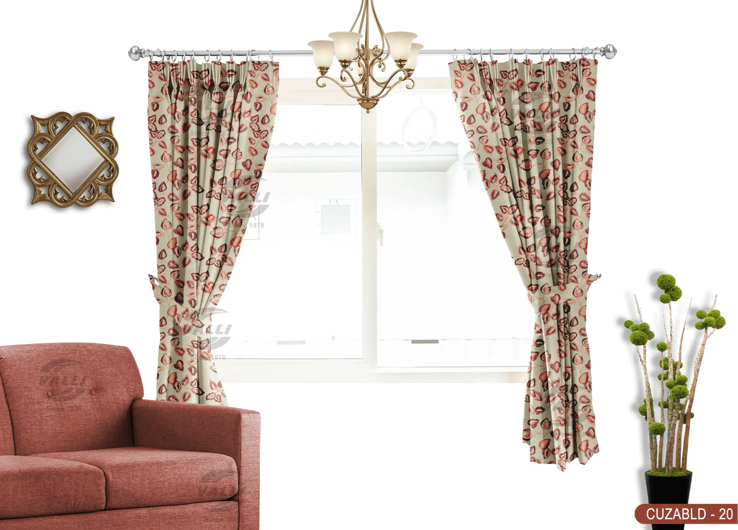 Self Design Leaf Velvet Type Curtain - Orange - CUZABLD - 20