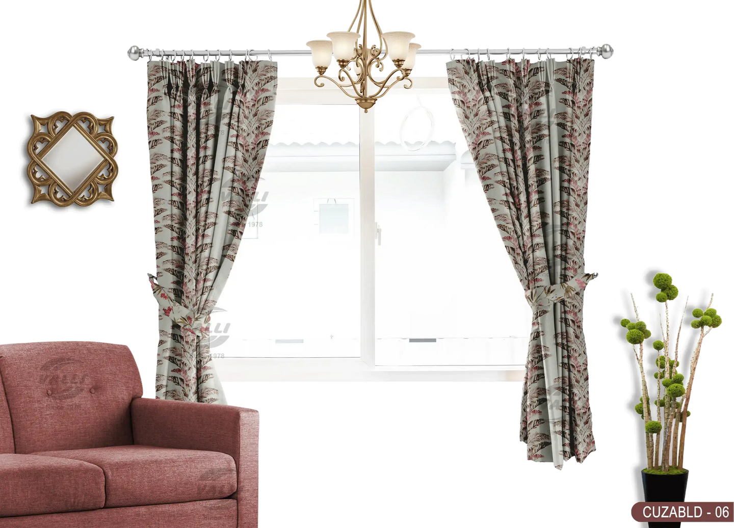 Self Design Leaf Velvet Type Curtain - Pink - CUZABLD - 06