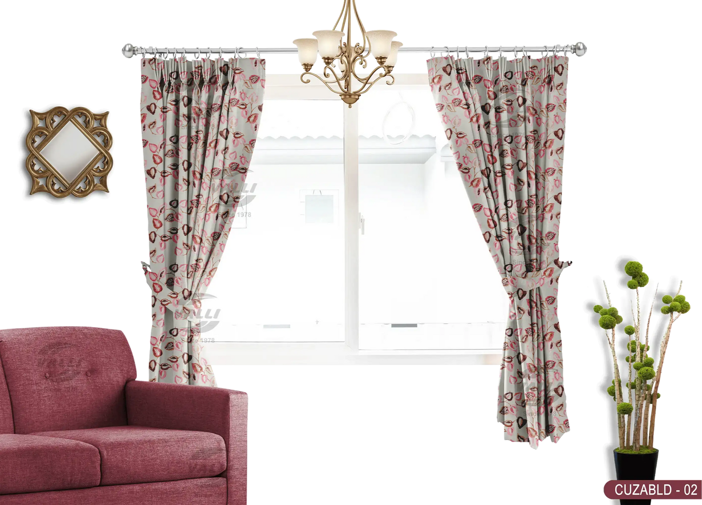 Self Design Leaf Velvet Type Curtain - Pink - CUZABLD - 02